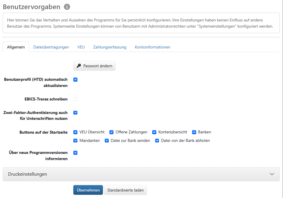 Allgemeine Benutzervorgaben