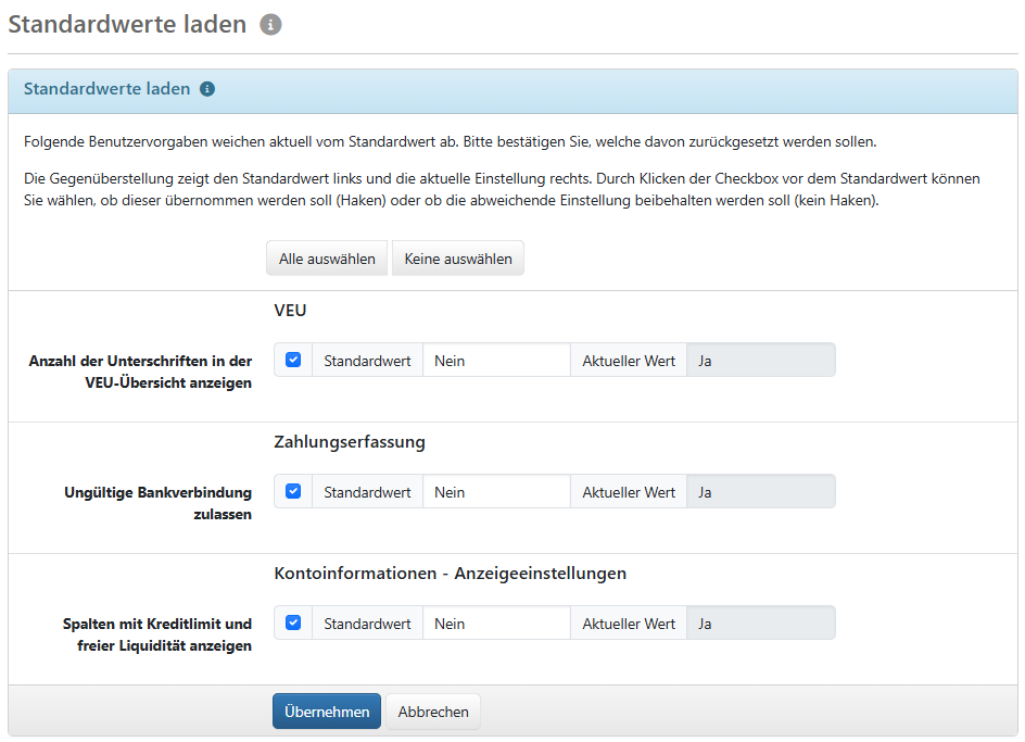 Beispiel für eine Gegenüberstellung von Standardwerten und aktuellen Werten