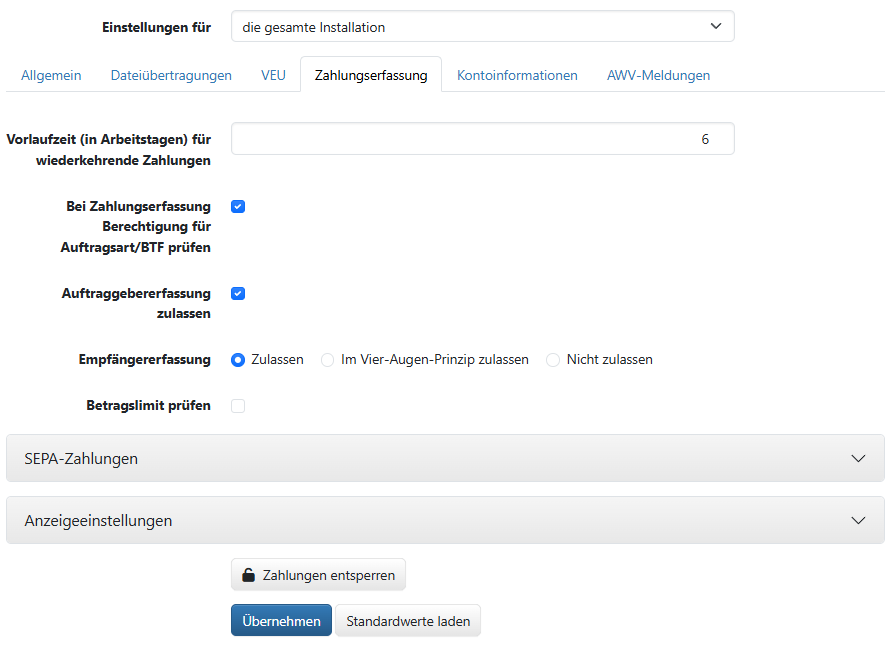 Systemeinstellungen für die Zahlungserfassung
