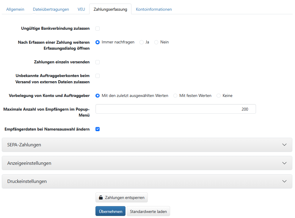 Benutzervorgaben für die Zahlungserfassung