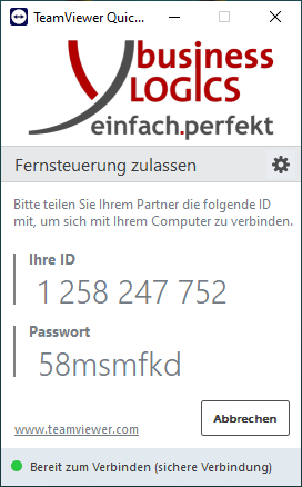 Start der Fernwartung mit TeamViewer QuickSupport von Business Logics