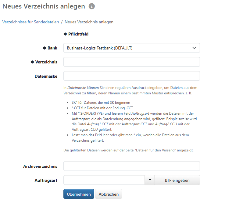 Formular zum Anlegen eines Verzeichnisses für Sendedateien
