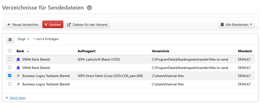 Übersicht der Verzeichnisse für Sendedateien