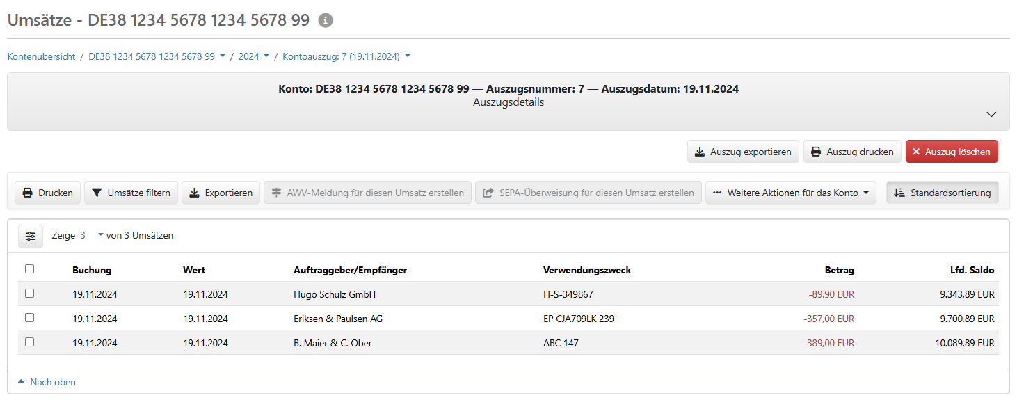 Übersicht der Umsätze