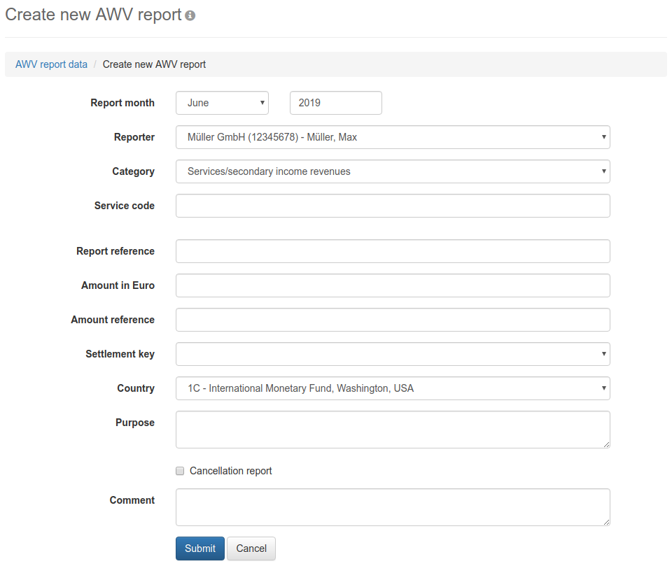 Form for recording of report data for services/capital