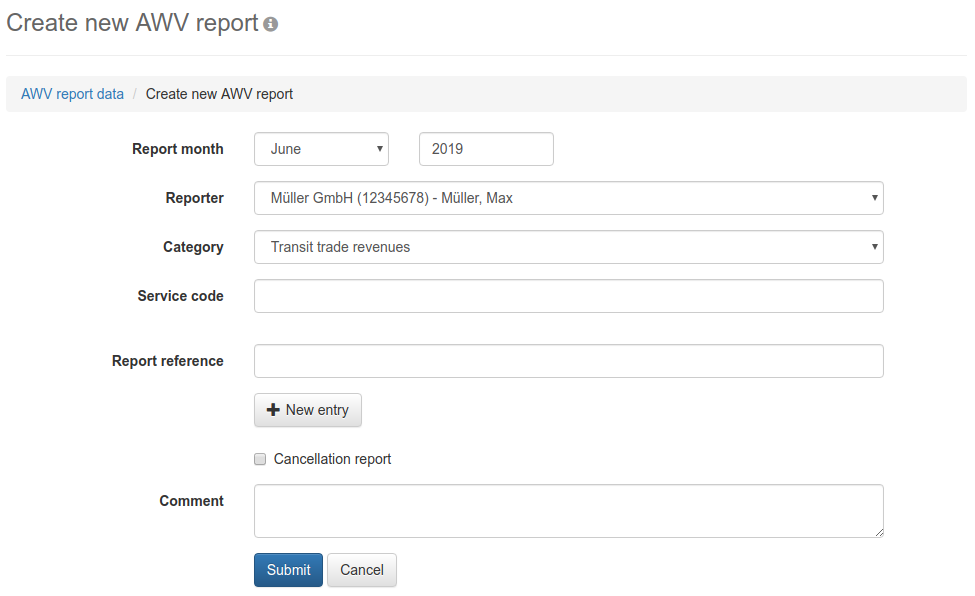 Form for recording of report data for transit trade