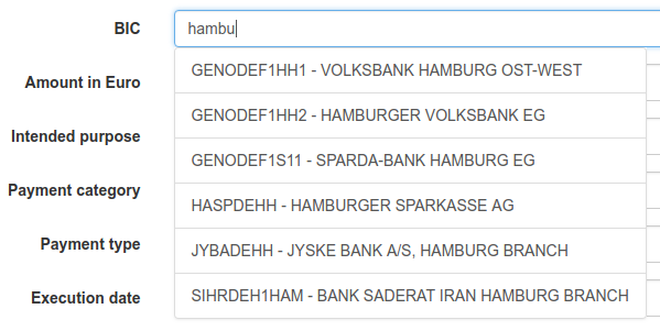 Autocompletion of a BIC during payment recording