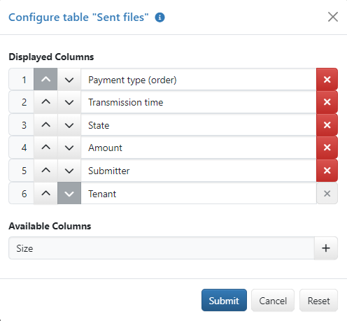 Example of a dialog box for column configuration