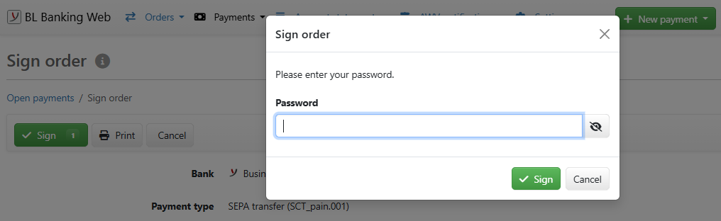 Entry of the password in a dialog box