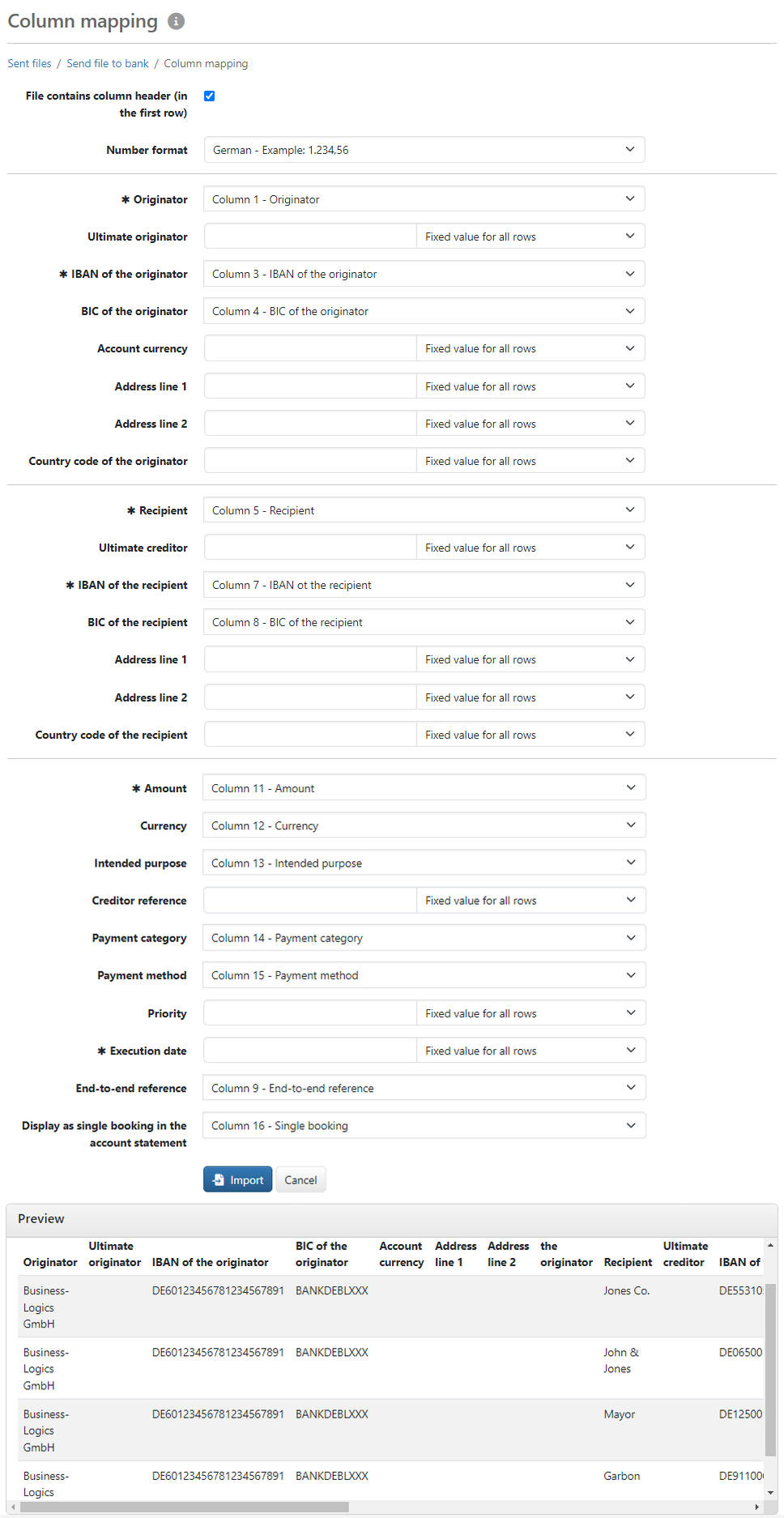 Form for assigning columns to fields