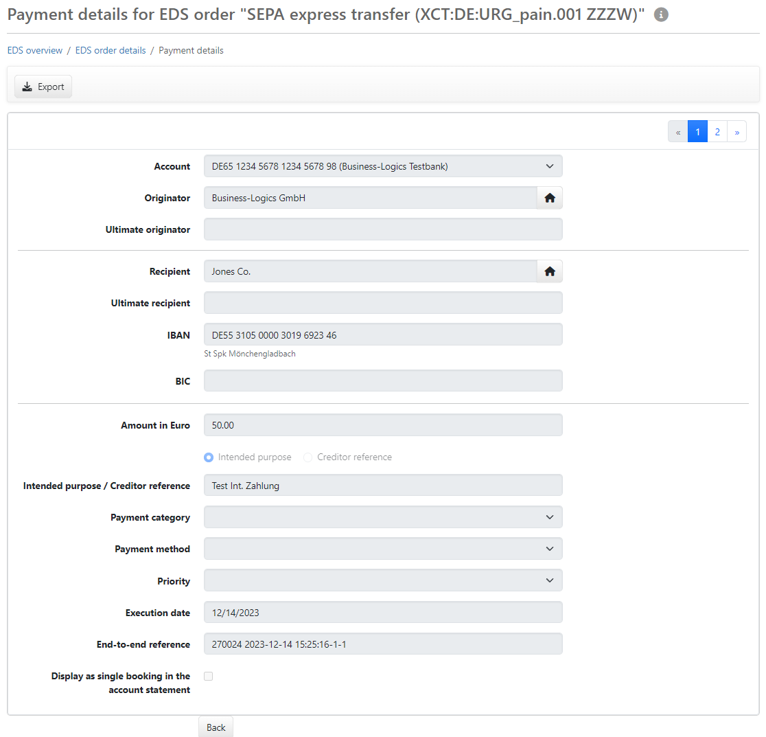 Display of the payment details of an order
