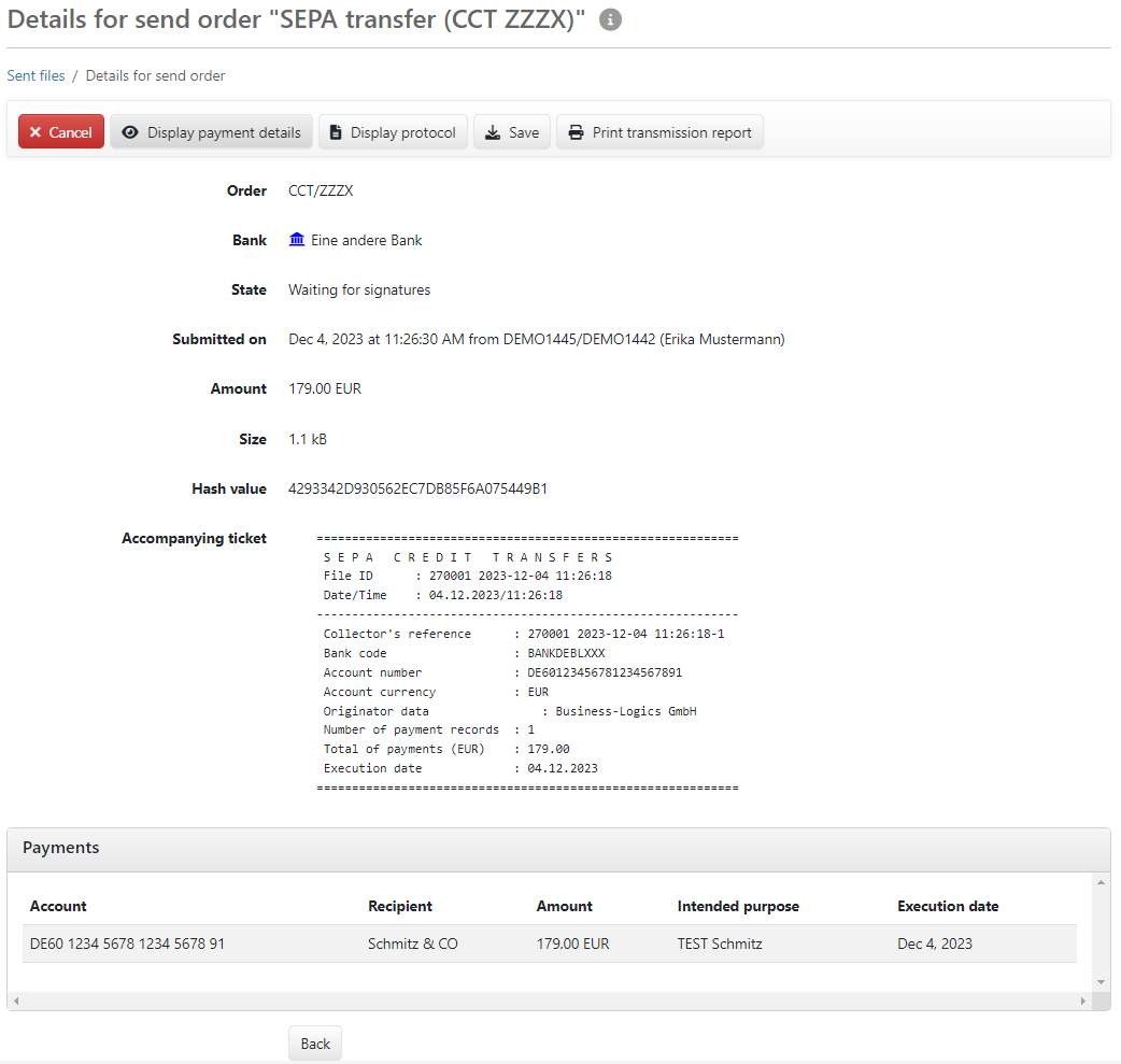 Details of a send order