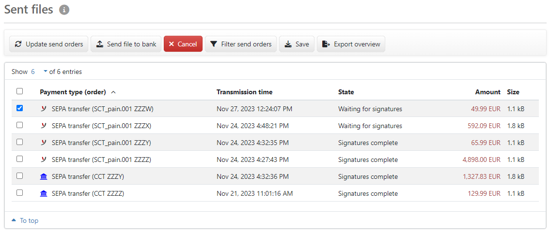 Overview of the sent files