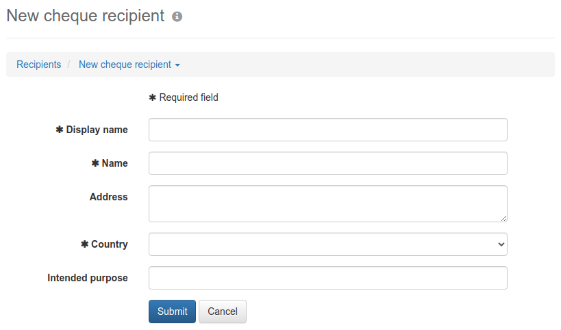 Form for entering a recipient for international XML cheque payments