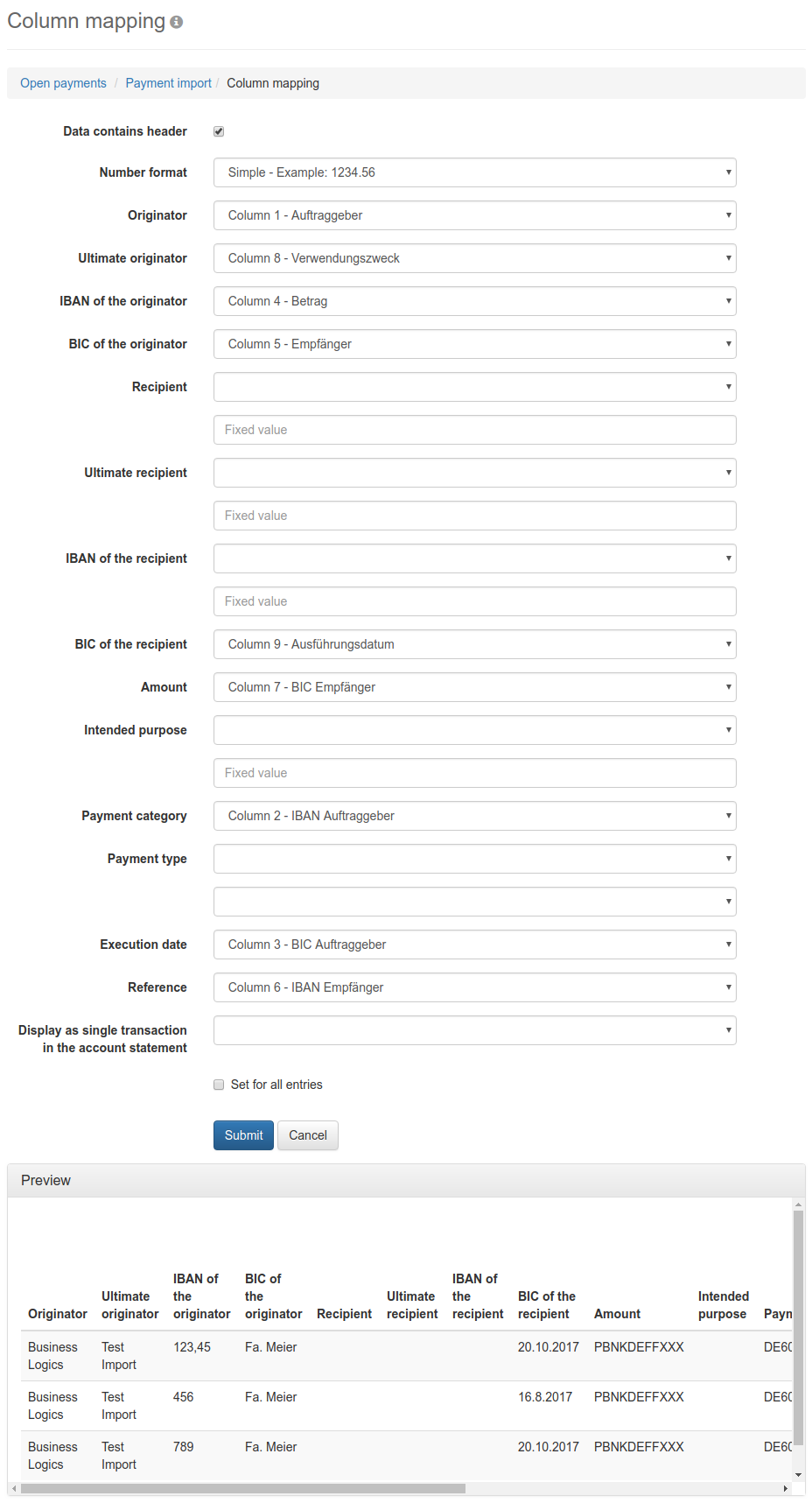Form for assigning columns to fields