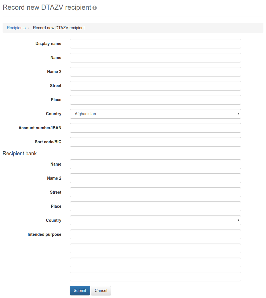 Form for entering a DTAZV recipient
