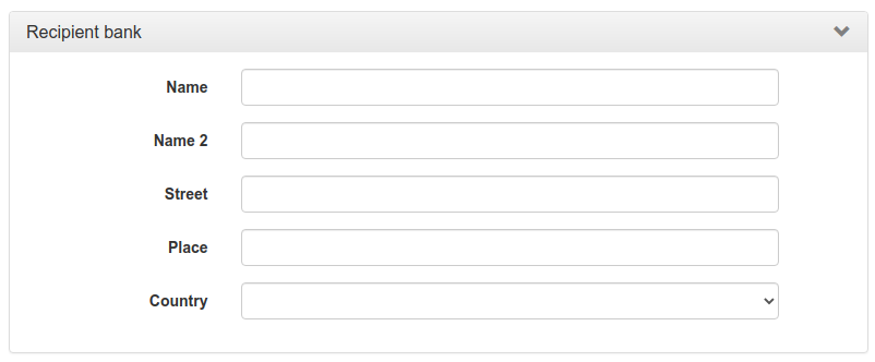 Form for entering the recipient's bank