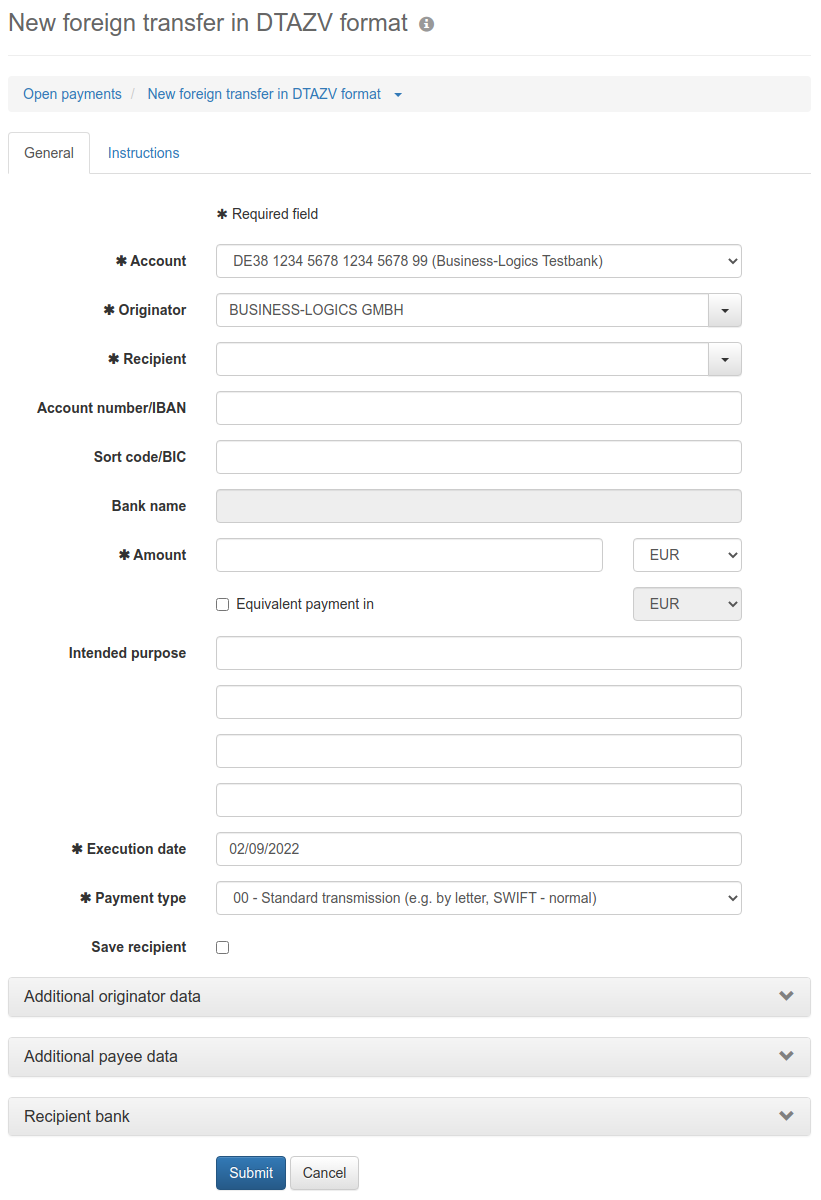 Form for entering a foreign transfer