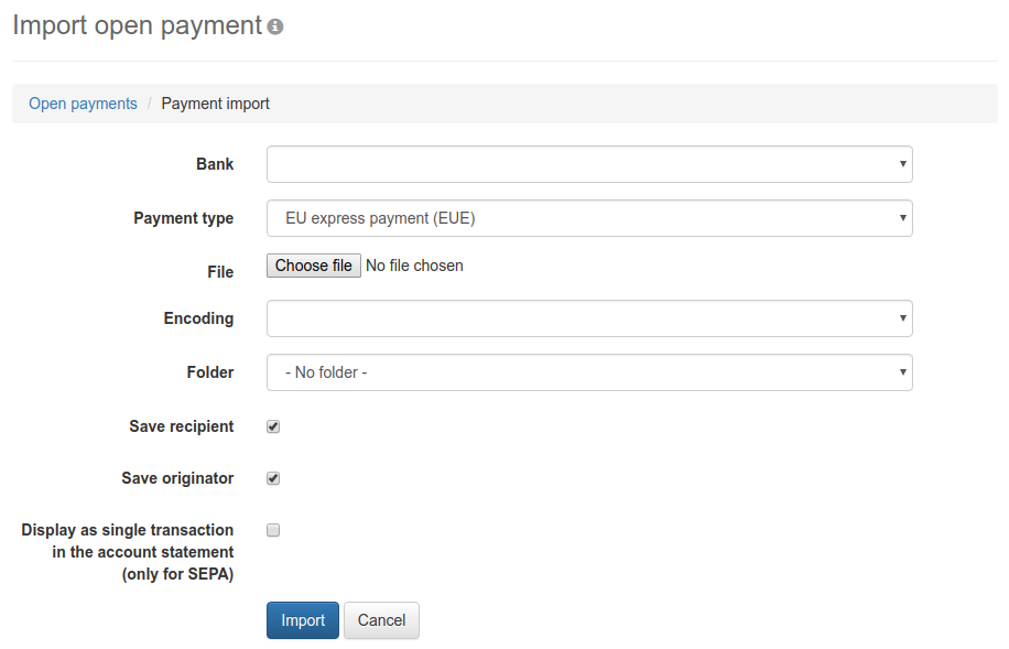 Form for importing a payment