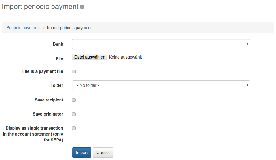 Form for importing a periodic payment
