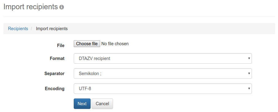Form for importing recipients