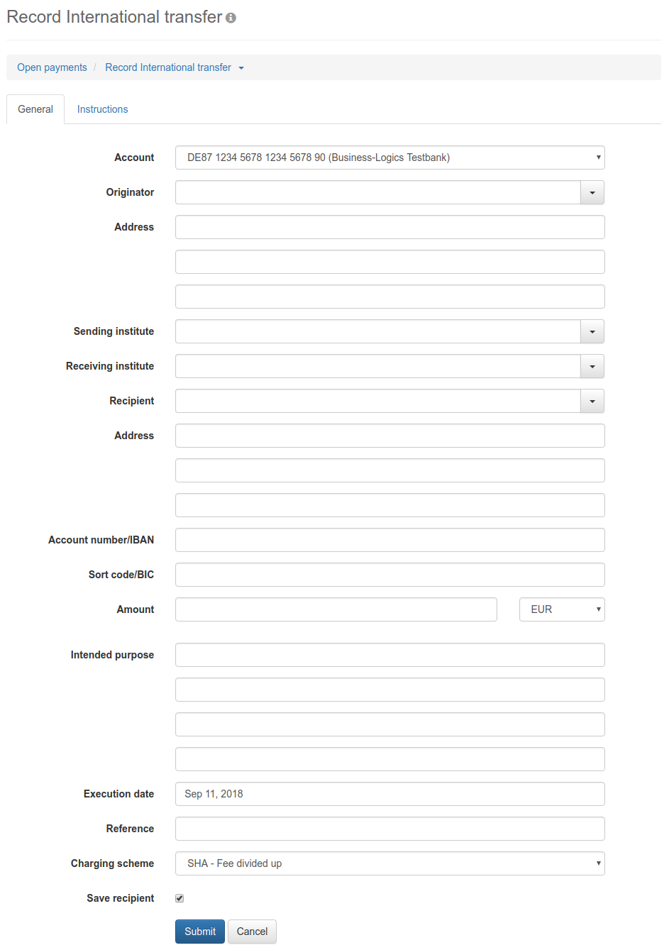 Form for entering an international transfer