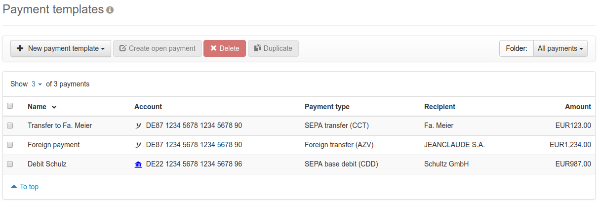 Overview of the payment templates