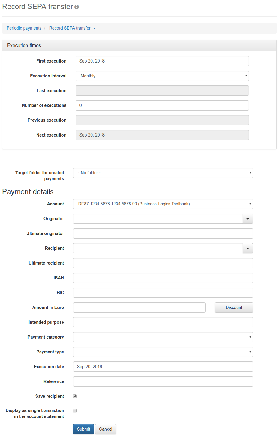 Form for entering a periodic payment