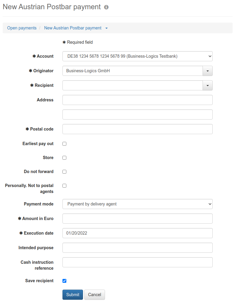 Form for entering an Austrian Postbar payment