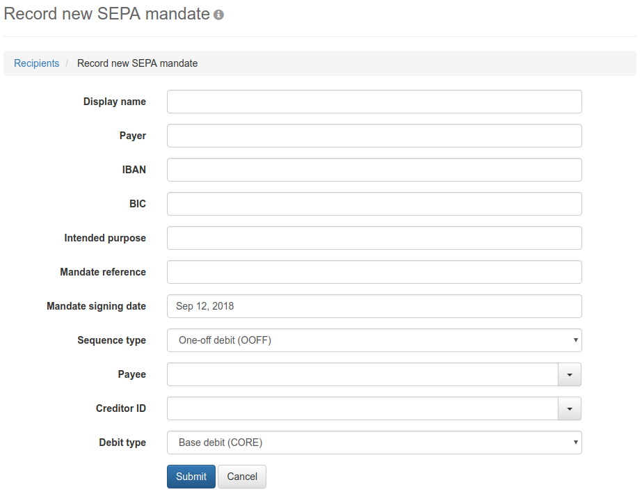 Form for entering a SEPA mandate