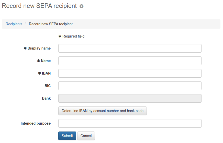 Form for entering a SEPA recipient