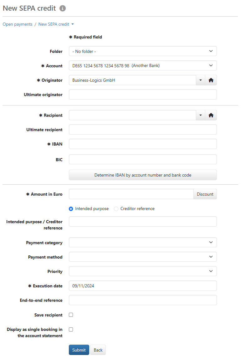 Form for entering a SEPA transfer