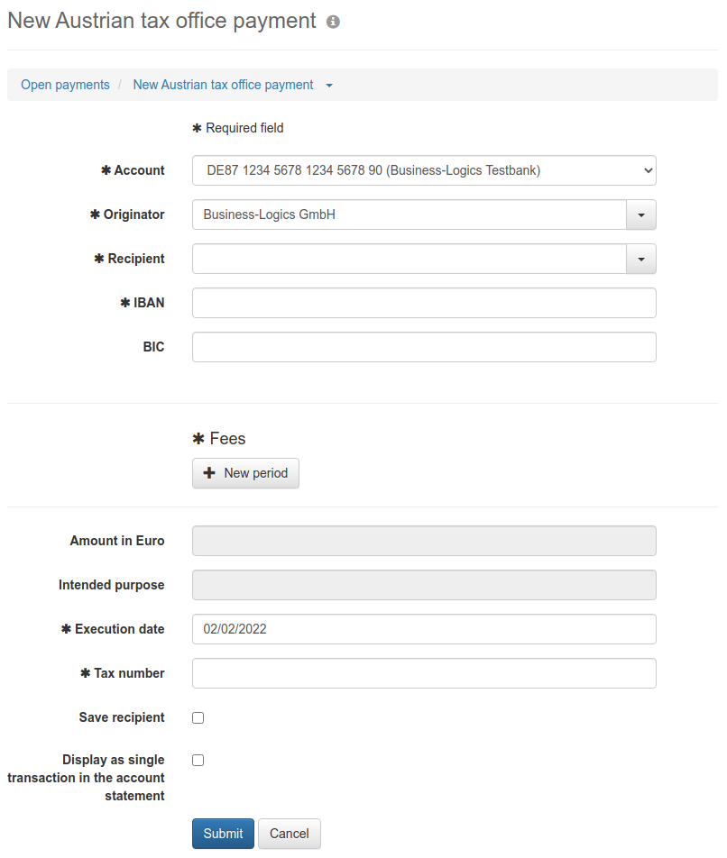 Form for entering an Austrian tax office payment