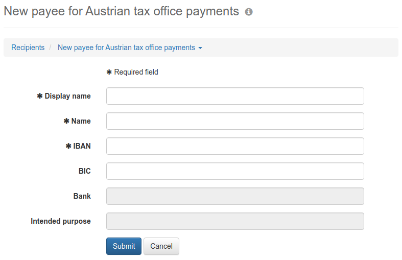Form for entering a recipient for Austrian tax payments