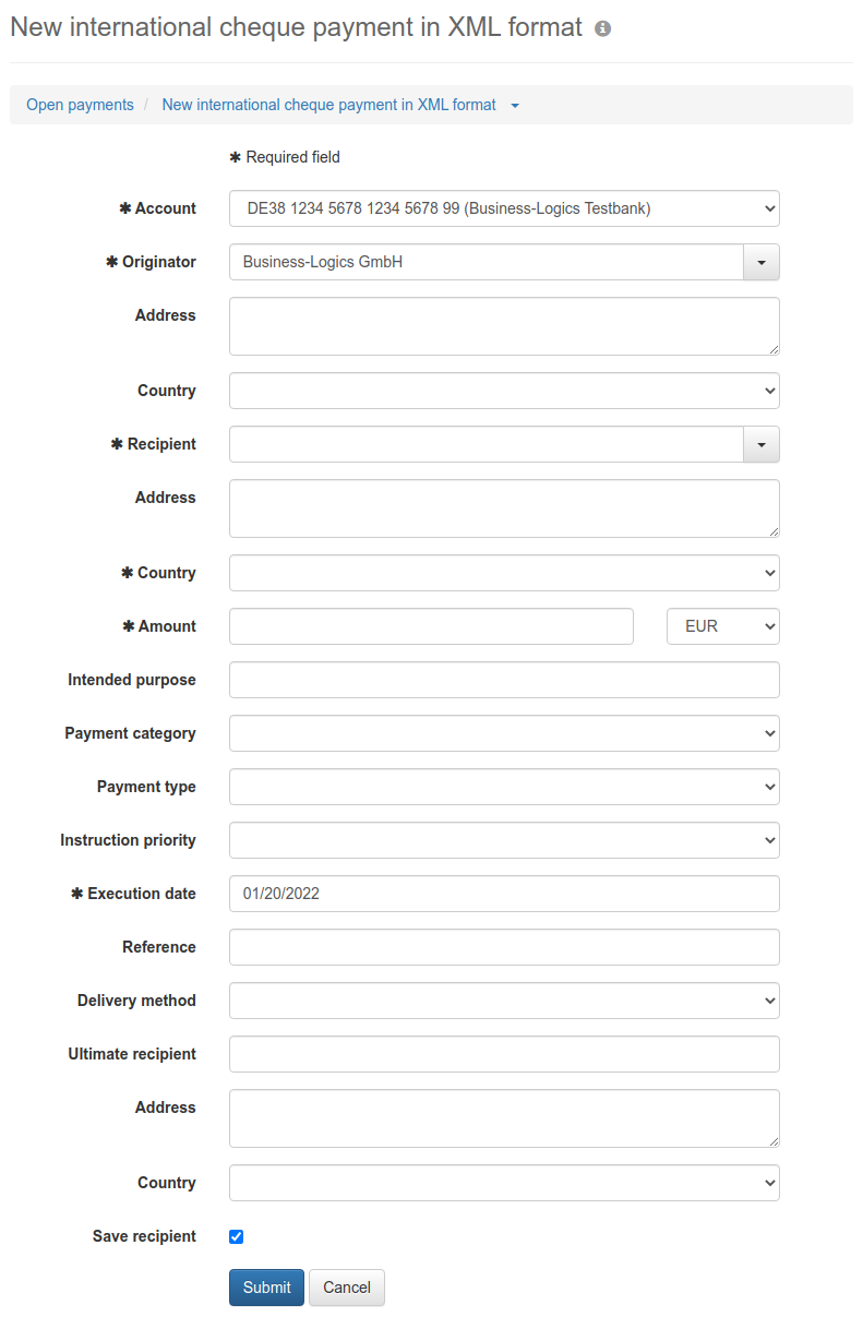 Form for entering an international XML cheque payment