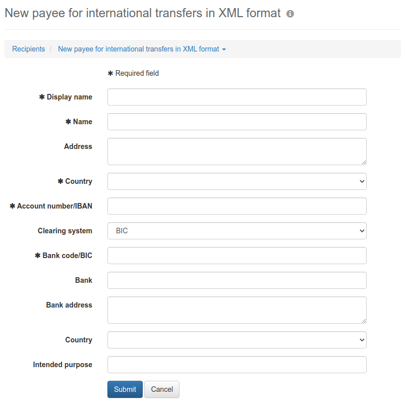 Form for entering a recipient for international XML transfers