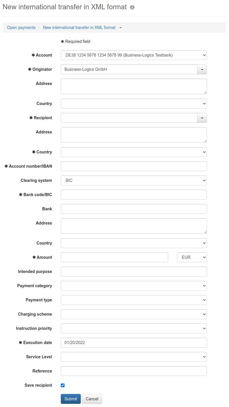 Form for entering an international XML transfer