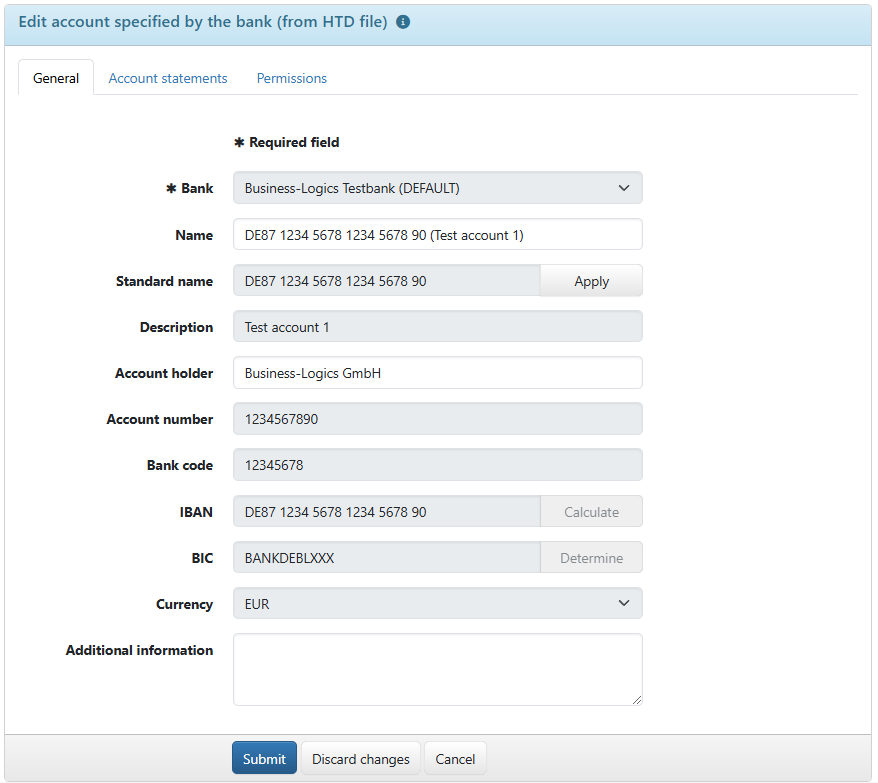 Form for editing an account (here: account from HTD)