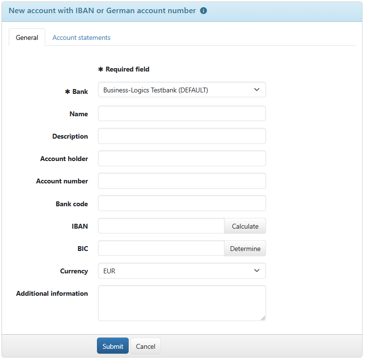 Form for entering an account (here: Account with IBAN or German account number)