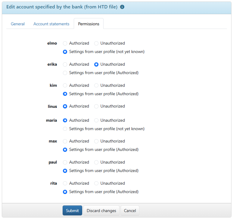 Permissions for a selected account (here: account from the HTD file)