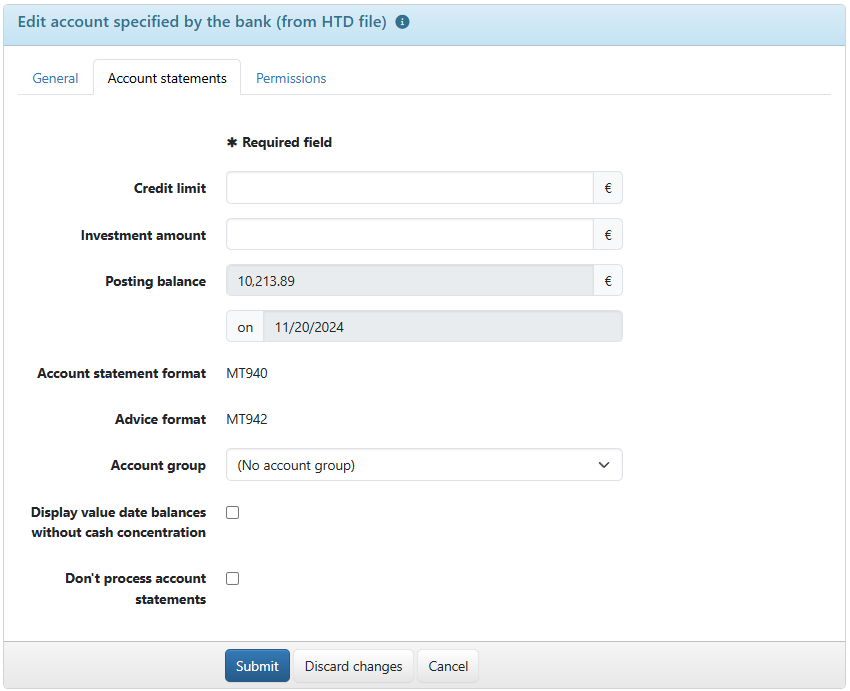 Settings for account statements (here: account from the HTD file)