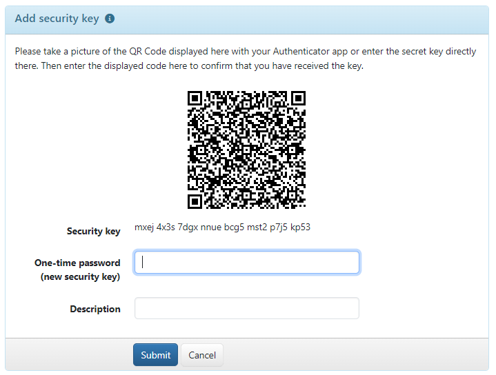 Form for adding a security key