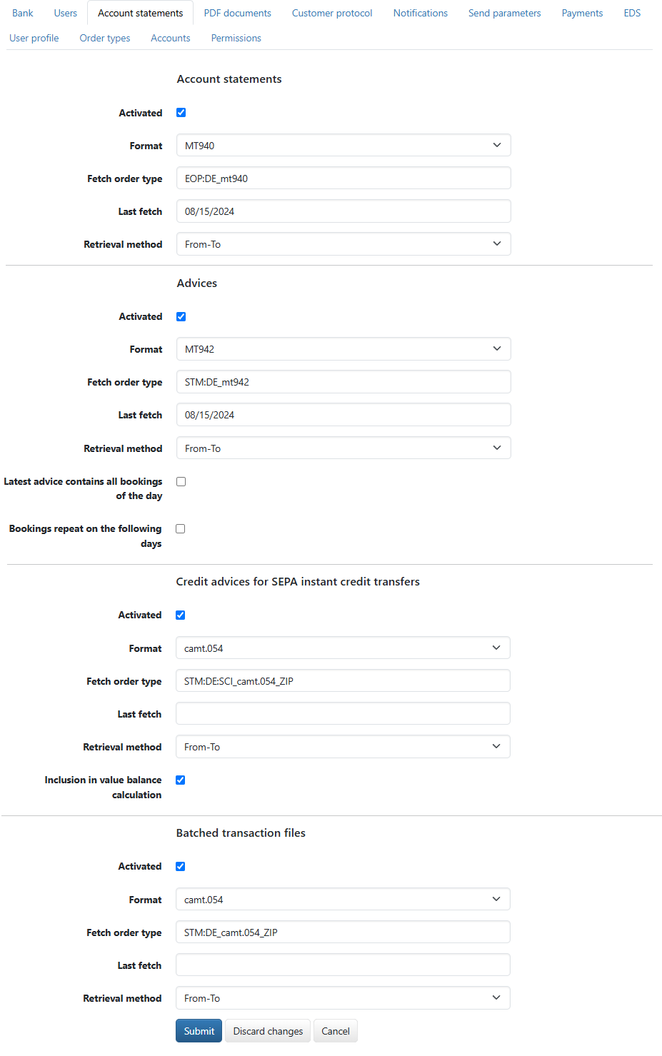 Settings for account statements (in edit mode)