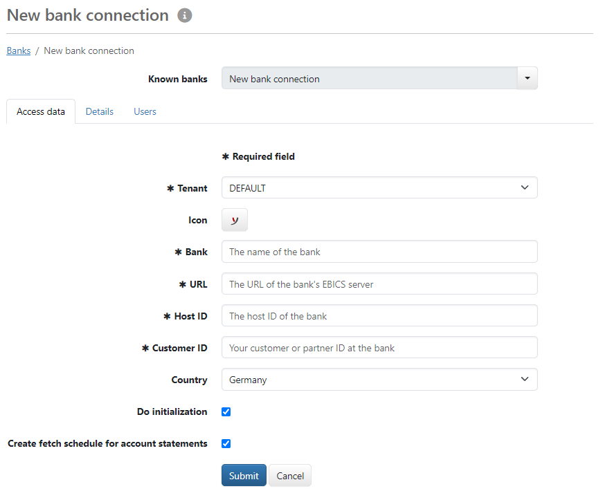 Entering a bank connection
