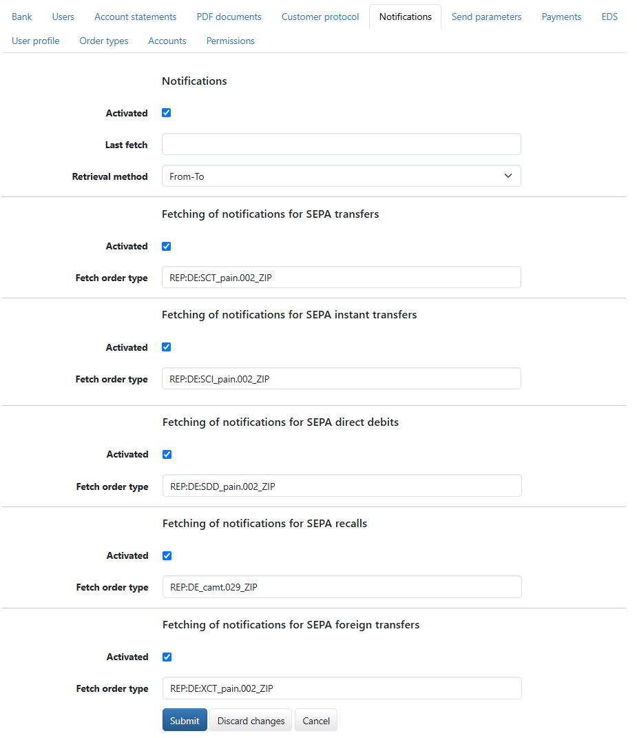 Settings for bank notifications (in edit mode)
