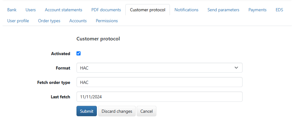 Settings for the customer protocol (in edit mode)