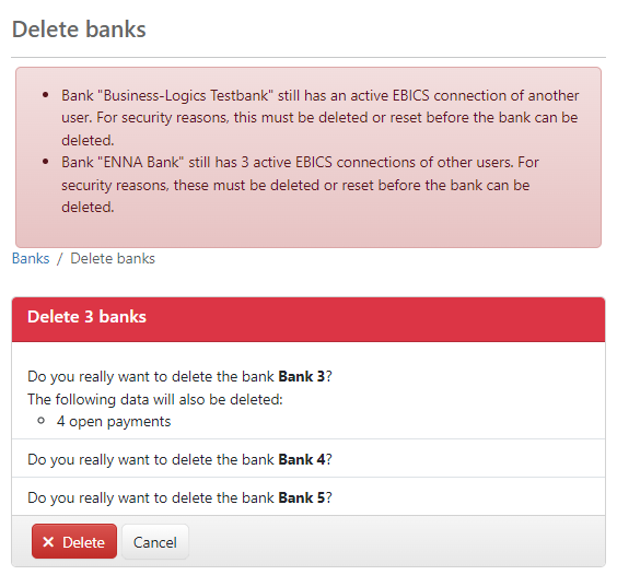 Confirmation for deleting a bank including error messages