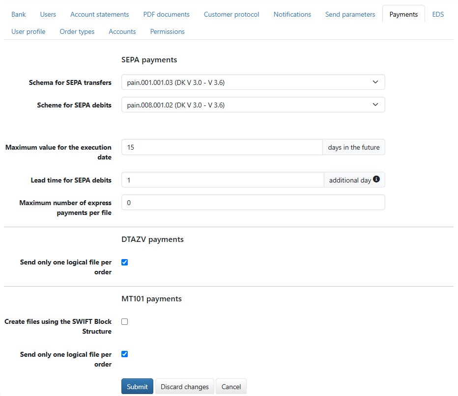 Settings for payments (in edit mode)