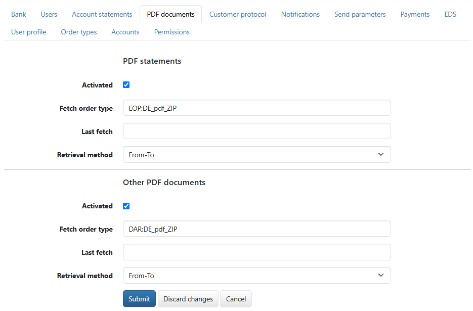 Settings for PDF statements (in edit mode)
