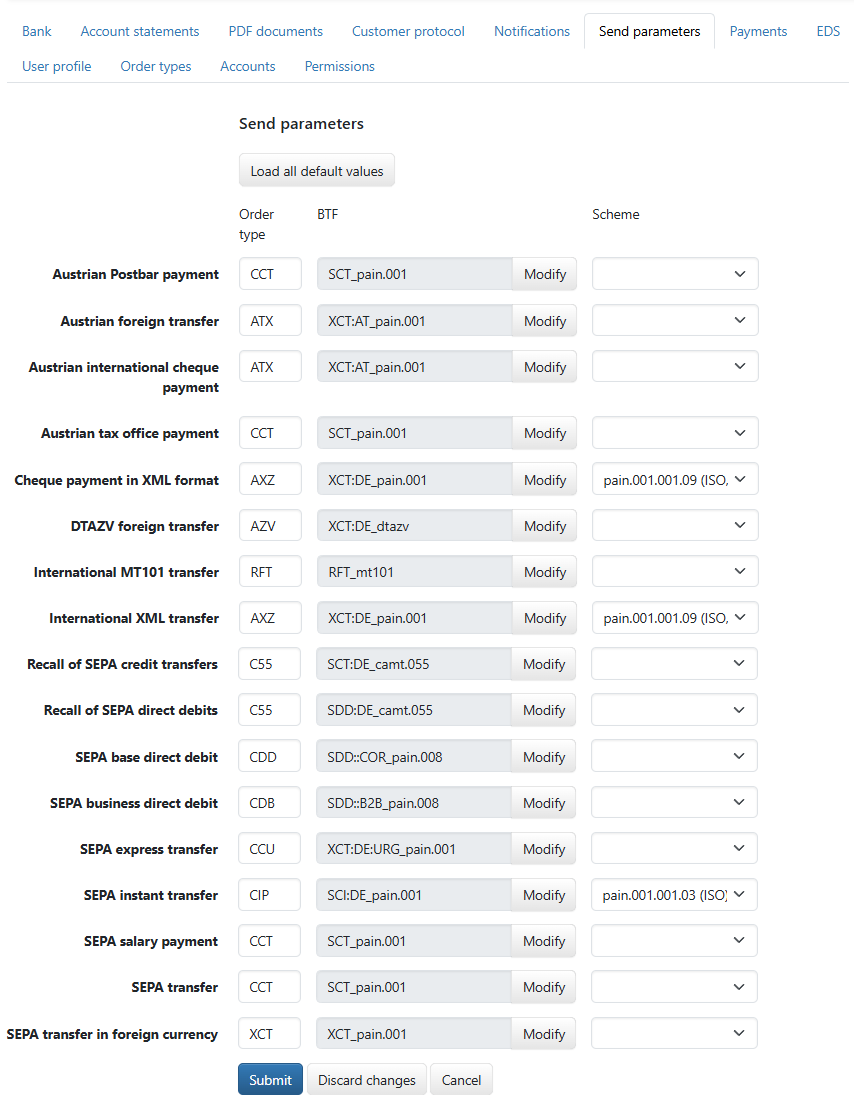 Settings for send parameters (in edit mode)